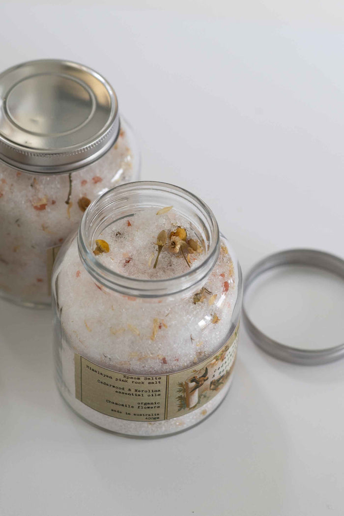 Cedarwood bath salts in glass jars