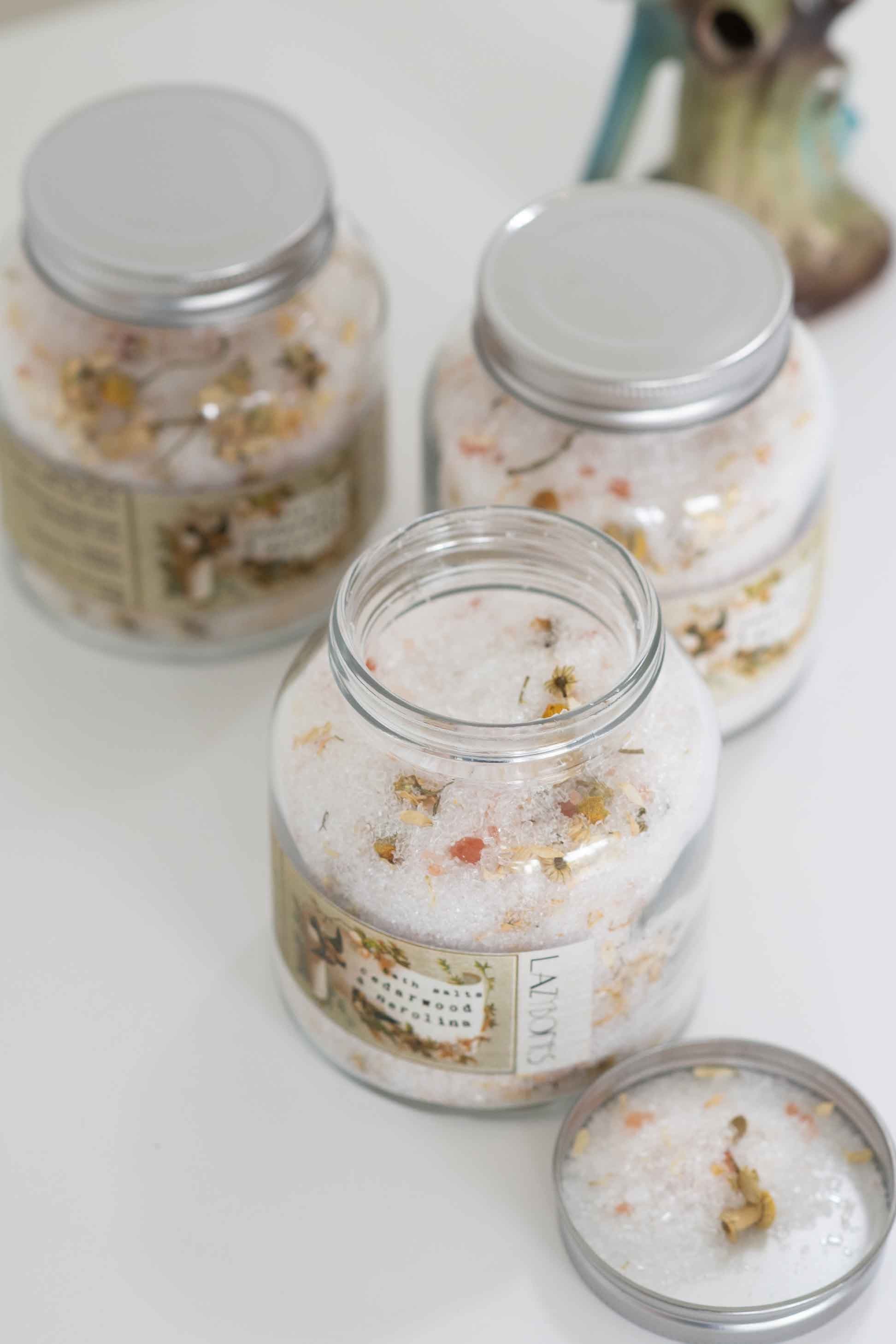 Cedarwood bath salts in glass jars
