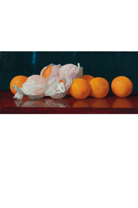Wrapped oranges on table