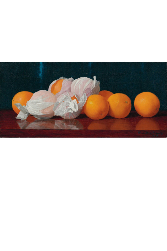 Wrapped oranges on table