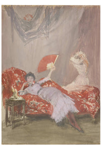 Woman in dress reclining on red sofa with a fan.