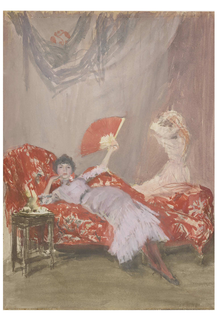 Woman in dress reclining on red sofa with a fan.