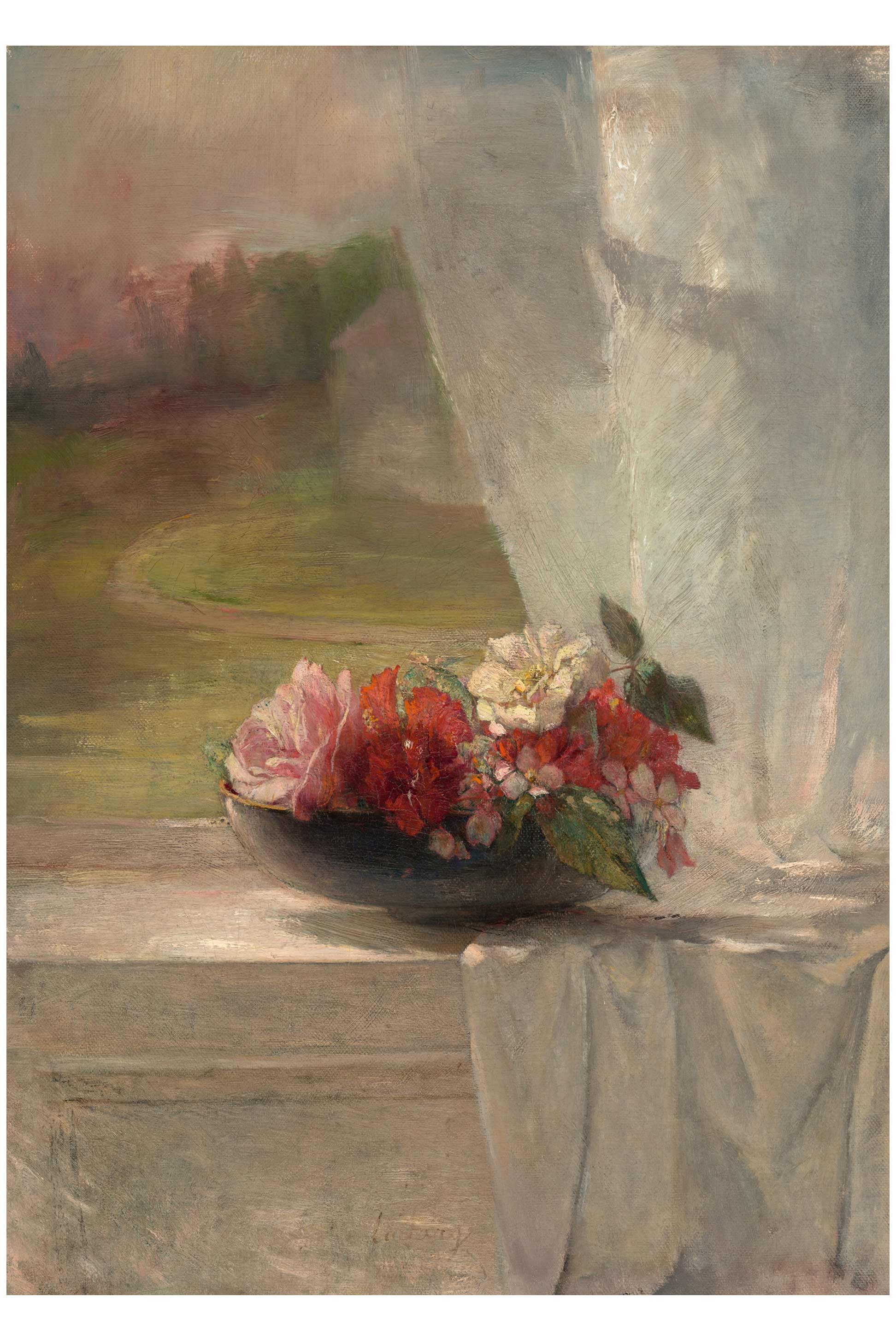 Bowl of flowers on windowsill.