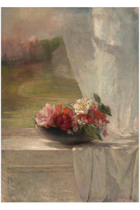 Bowl of flowers on windowsill.