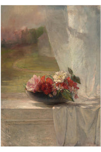 Bowl of flowers on windowsill.