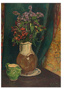 Vase of flowers with small green pitcher.