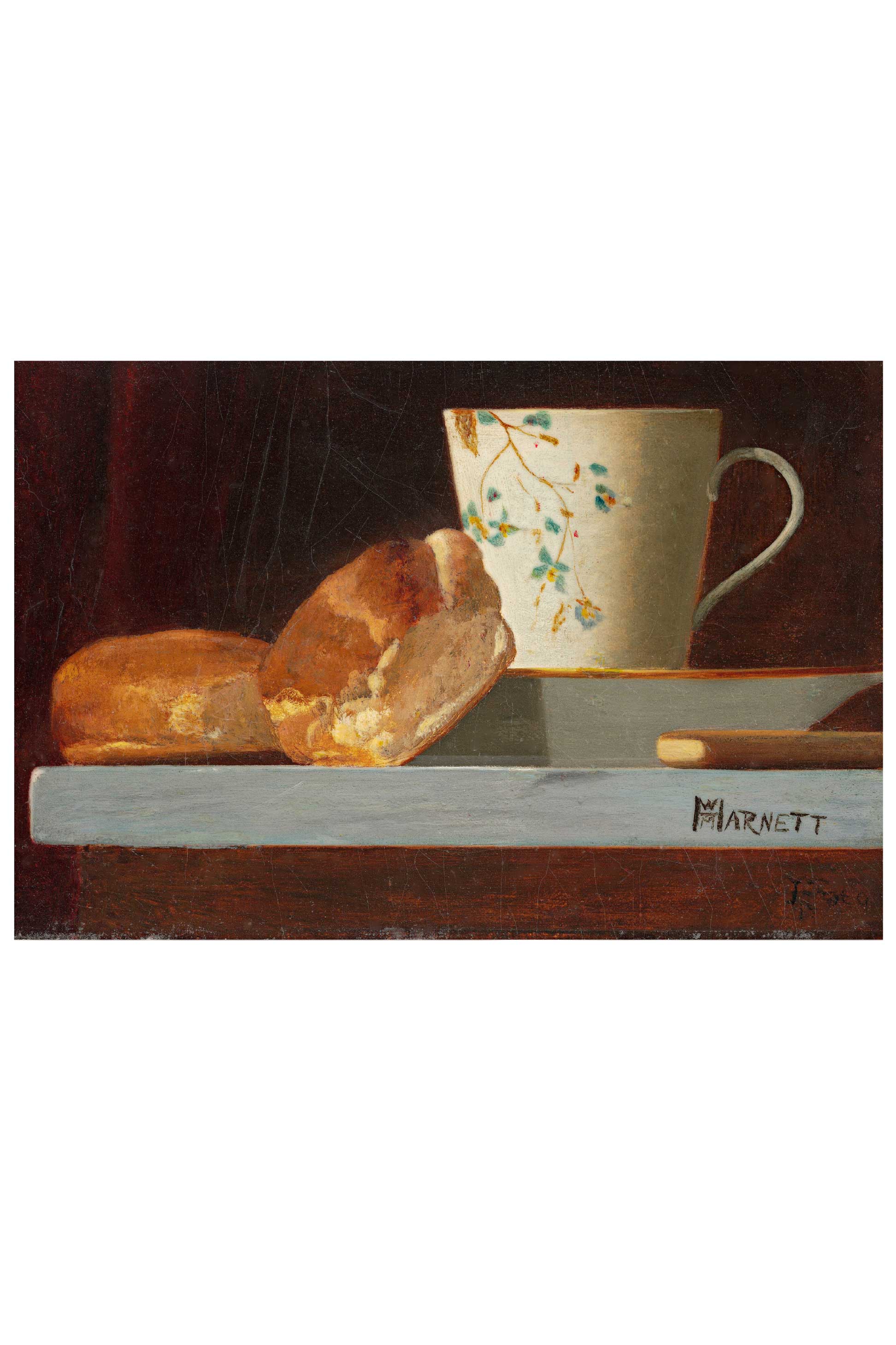 Bread and teacup on a shelf.