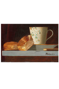 Bread and teacup on a shelf.