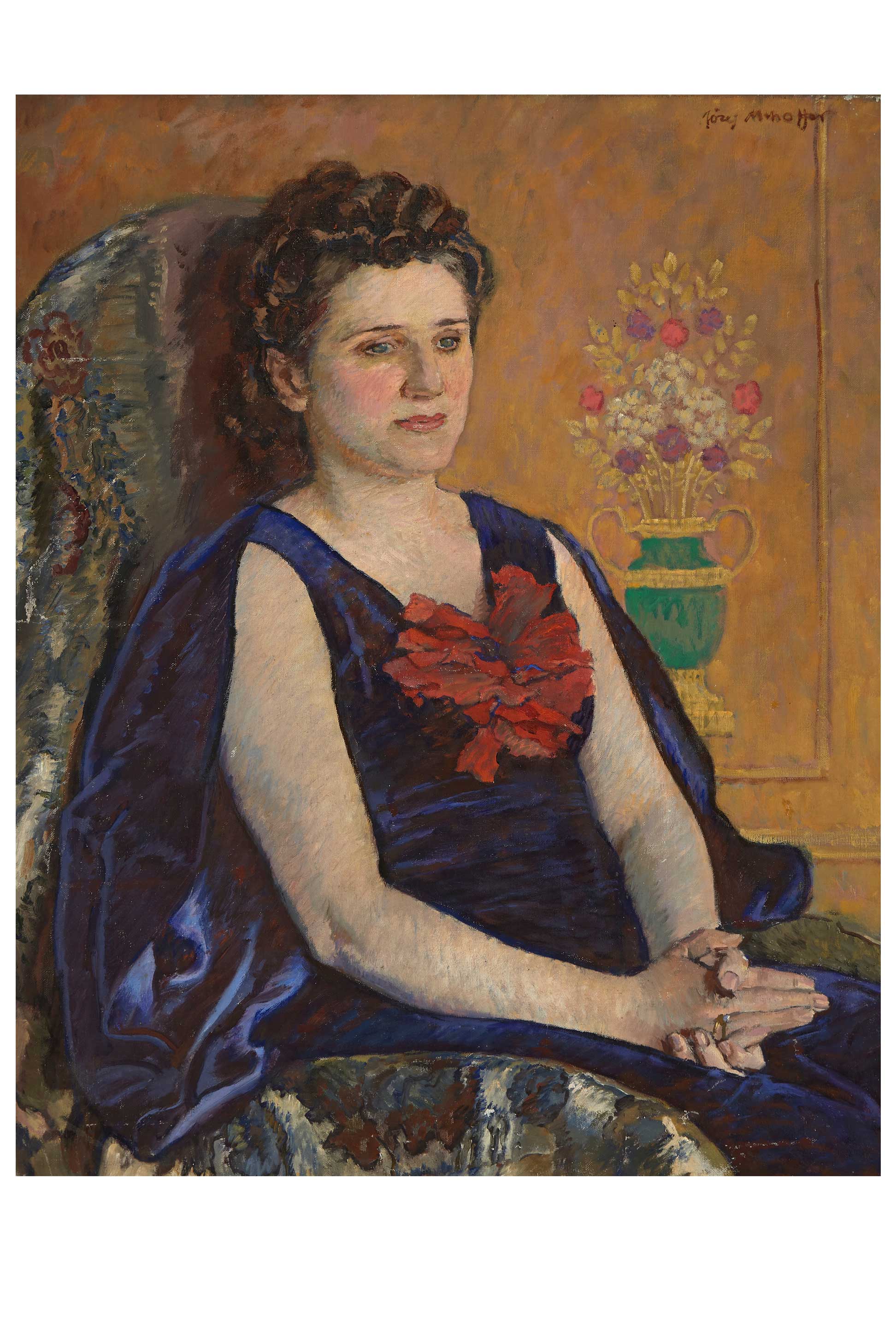 Painting of a woman in a blue dress, seated in a chair.