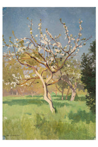 Painting of a flowering tree in a grassy field.