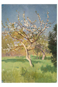 Painting of a flowering tree in a grassy field.