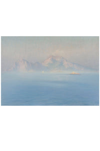 Mountains and sea in a hazy landscape.