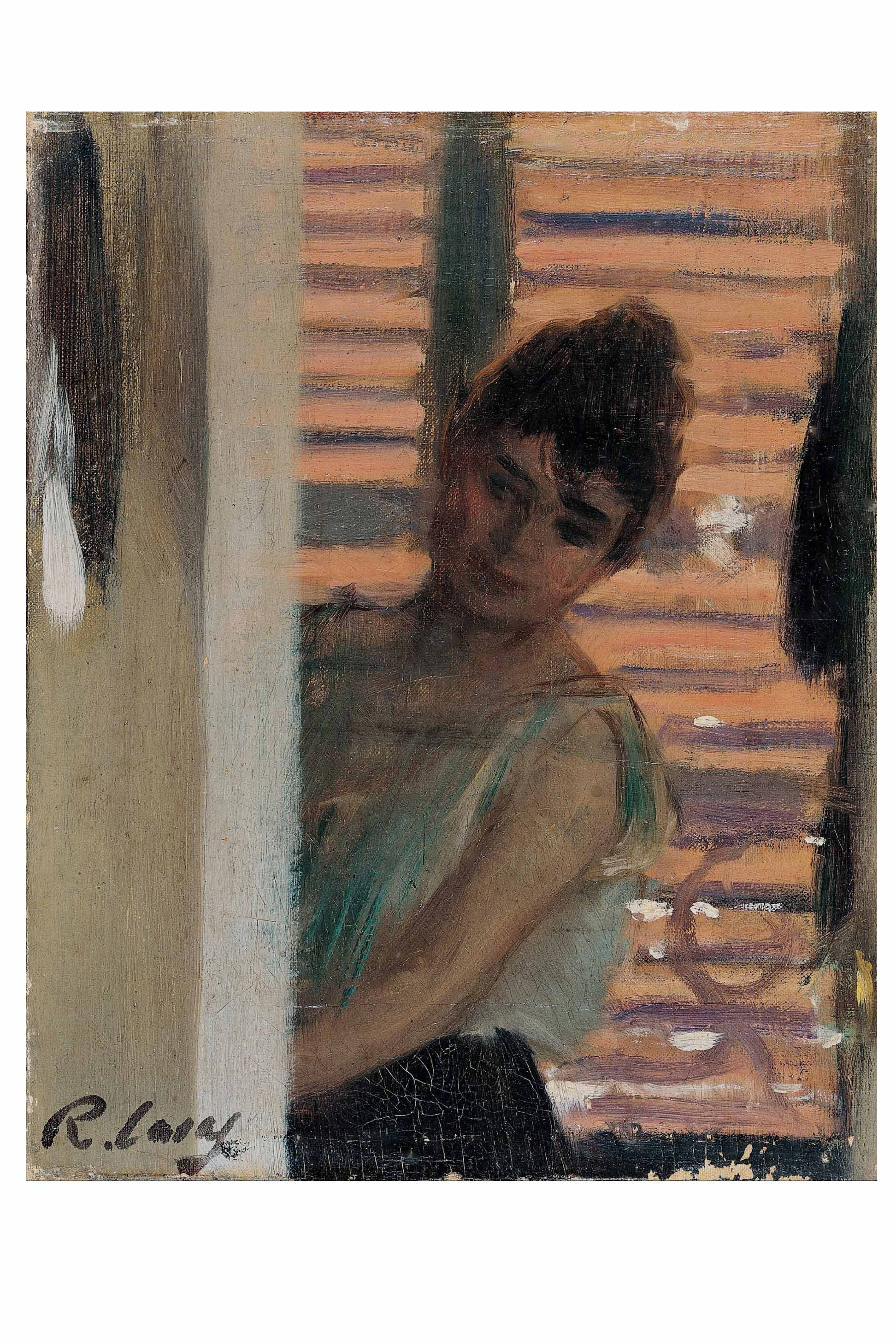 Woman looking around a corner, oil painting.