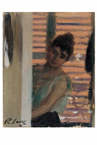 Woman looking around a corner, oil painting.
