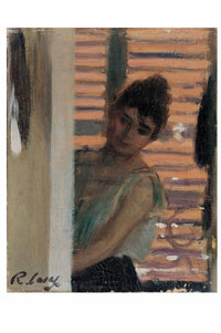 Woman looking around a corner, oil painting.