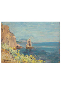 Coastal landscape painting with cliffs and sea.