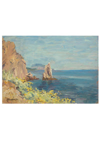 Coastal landscape painting with cliffs and sea.
