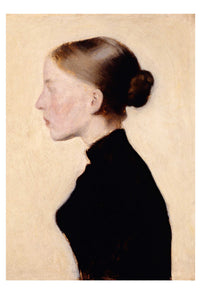 Woman in profile, wearing a black dress.
