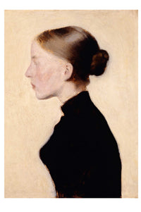 Woman in profile, wearing a black dress.