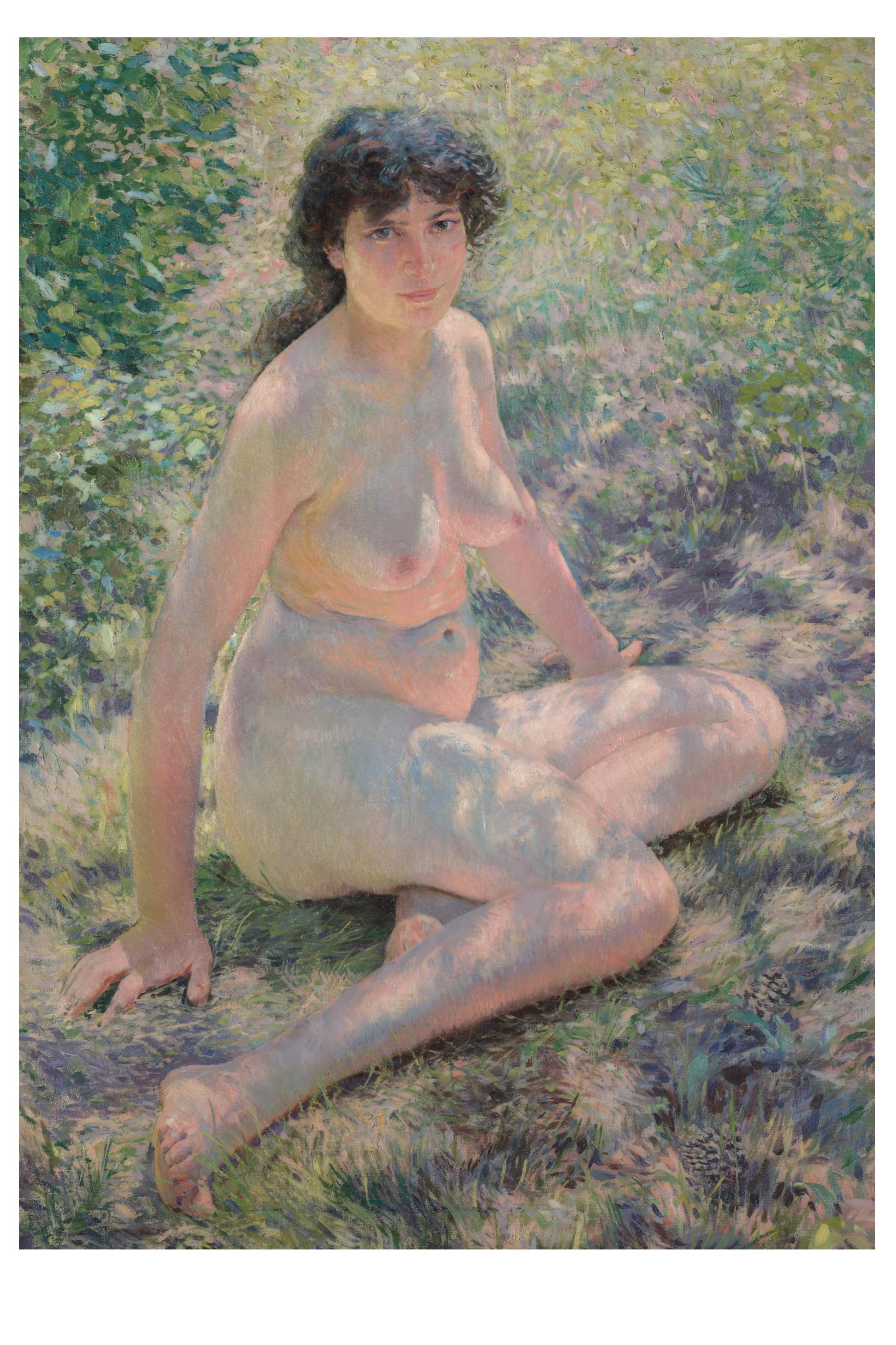 Nude woman sitting on grass in sunlight.