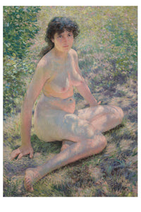 Nude woman sitting on grass in sunlight.