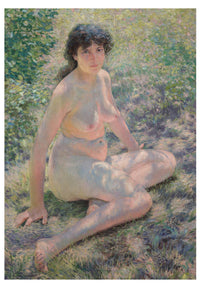 Nude woman sitting on grass in sunlight.
