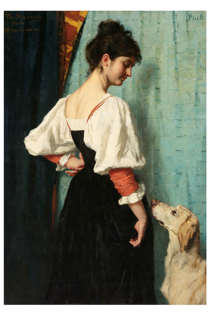 Woman in dress with dog.