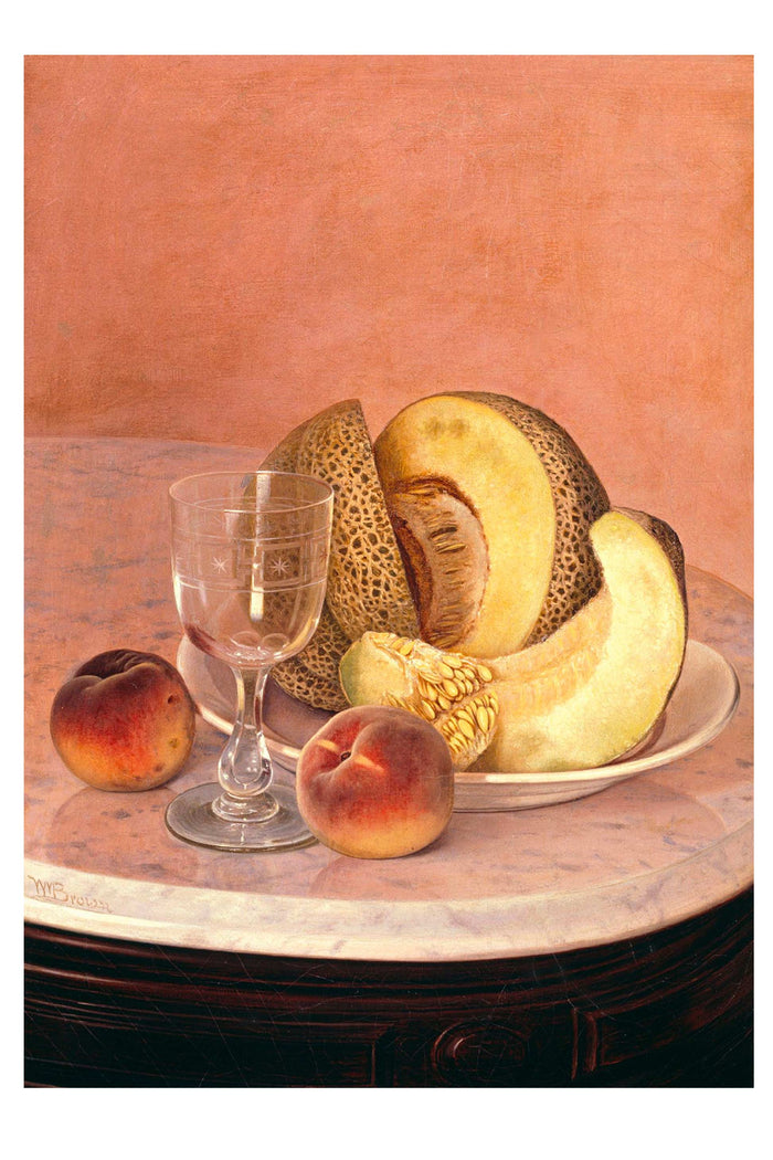 Art print of cantaloupe and peaches on a table