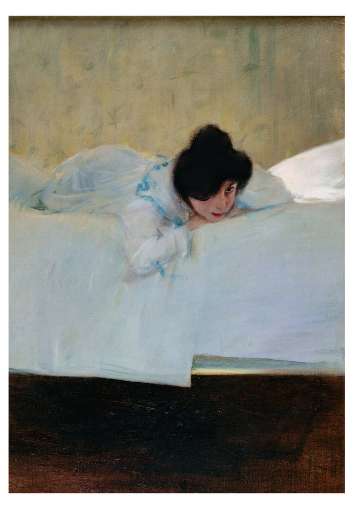 Art print of a woman in bed, depicting laziness.