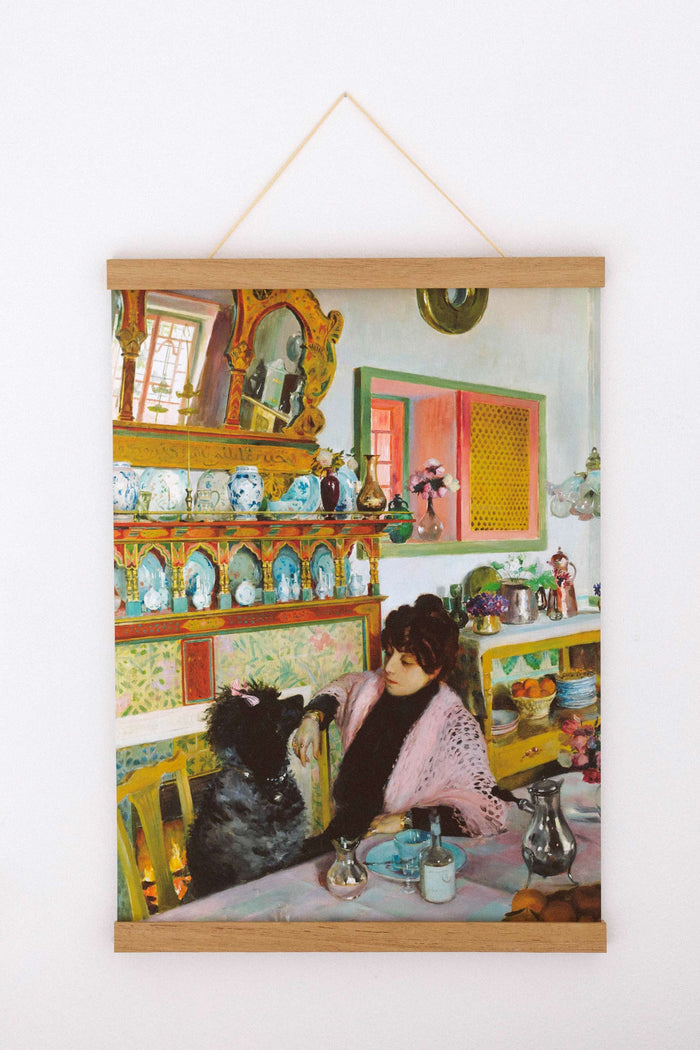 Art print of Marie Rochegrosse painting with woman and dog.