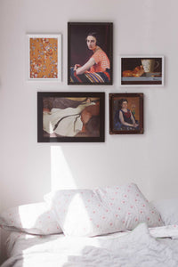 Art prints in a bedroom, Garden Quilt & Vienna sheet set, MG, 1986.