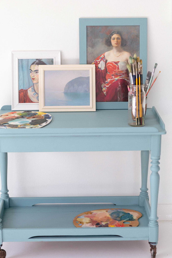 Blue light art prints on blue table