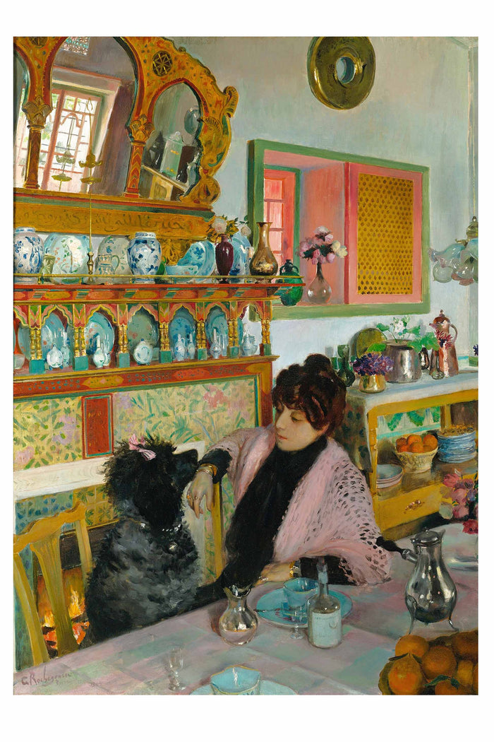 Woman with dog at table