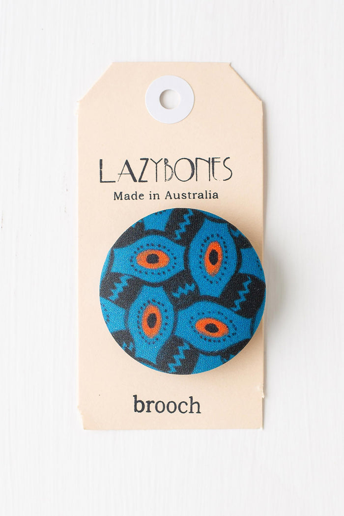 Lazybones All Sorts brooch with blue and orange pattern
