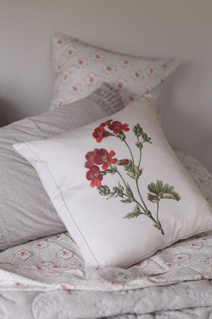 Geranium cushion cover on grey Vienna sheet set