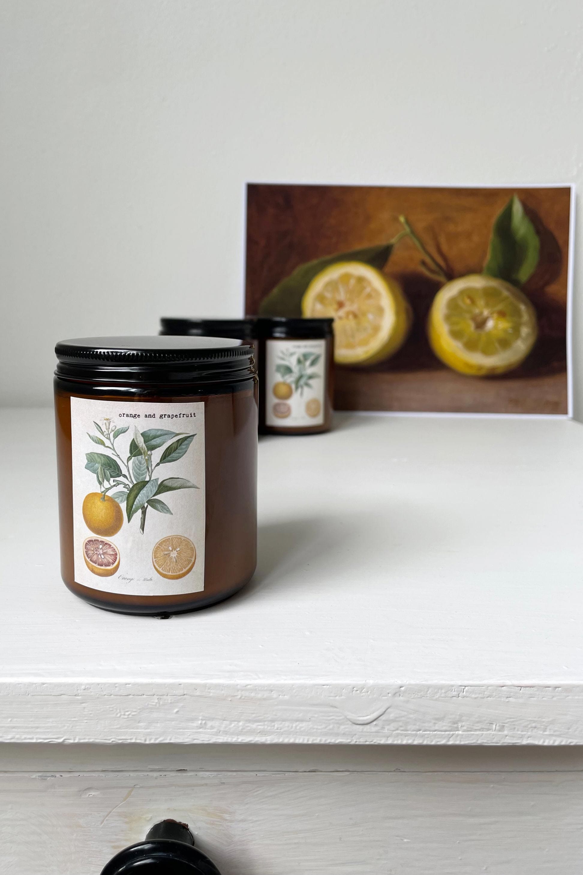 Orange grapefruit candle with vintage botanical label