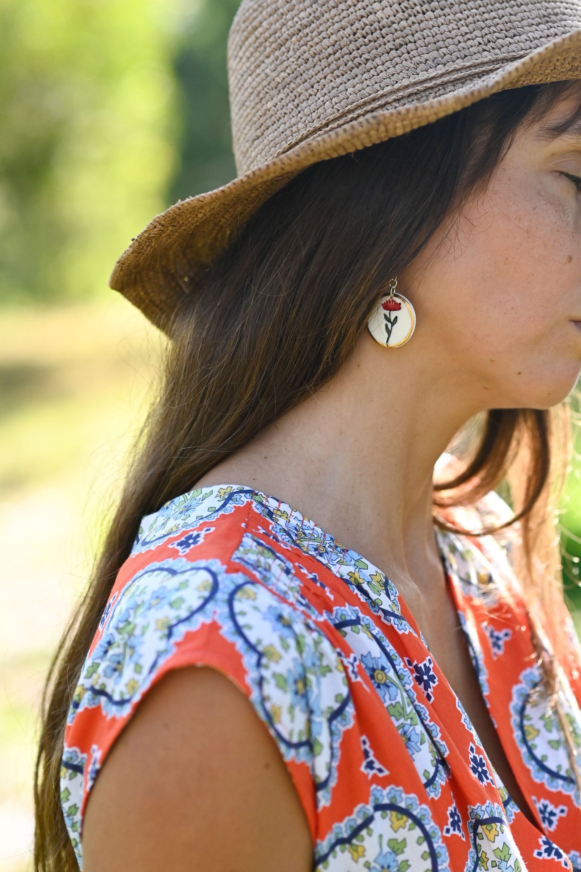 Botanical Porcelain Earrings Red Floral
