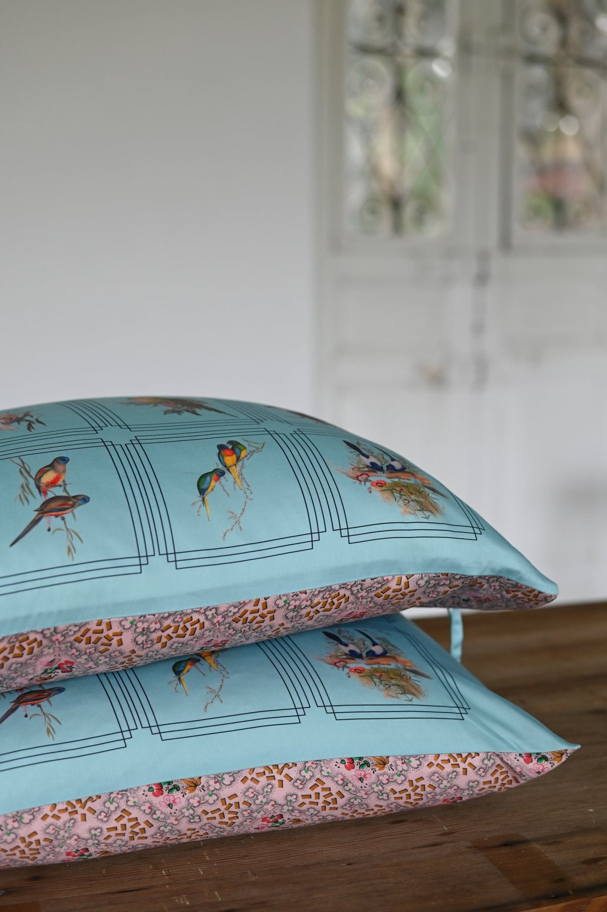 Australian birds pillowcase set, teal and floral pattern