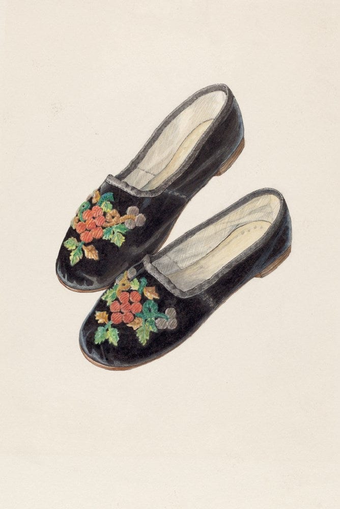 Baby shoes, Edith Towner sachet with floral embroidery.