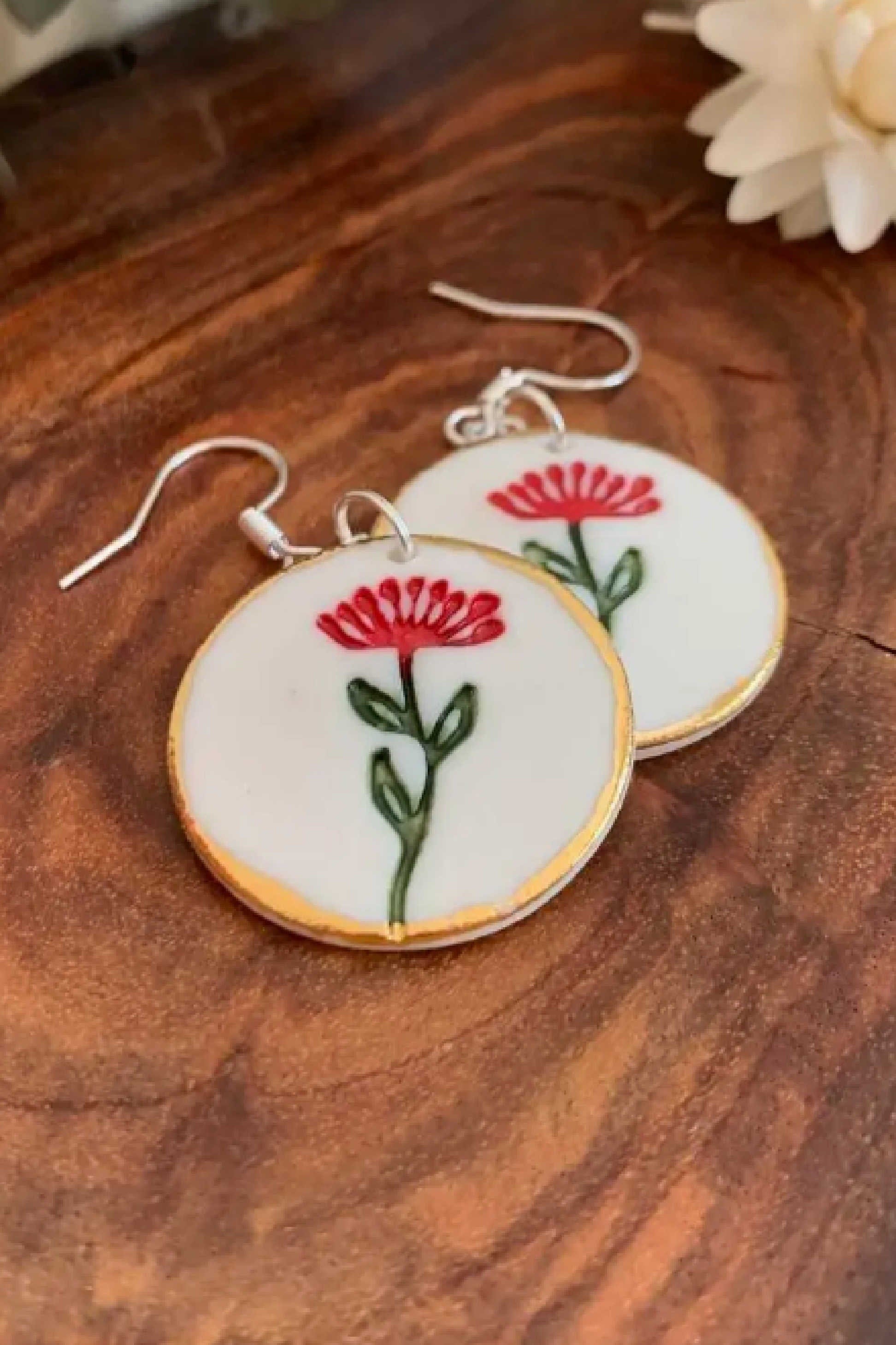 Botanical Porcelain Earrings Red Floral