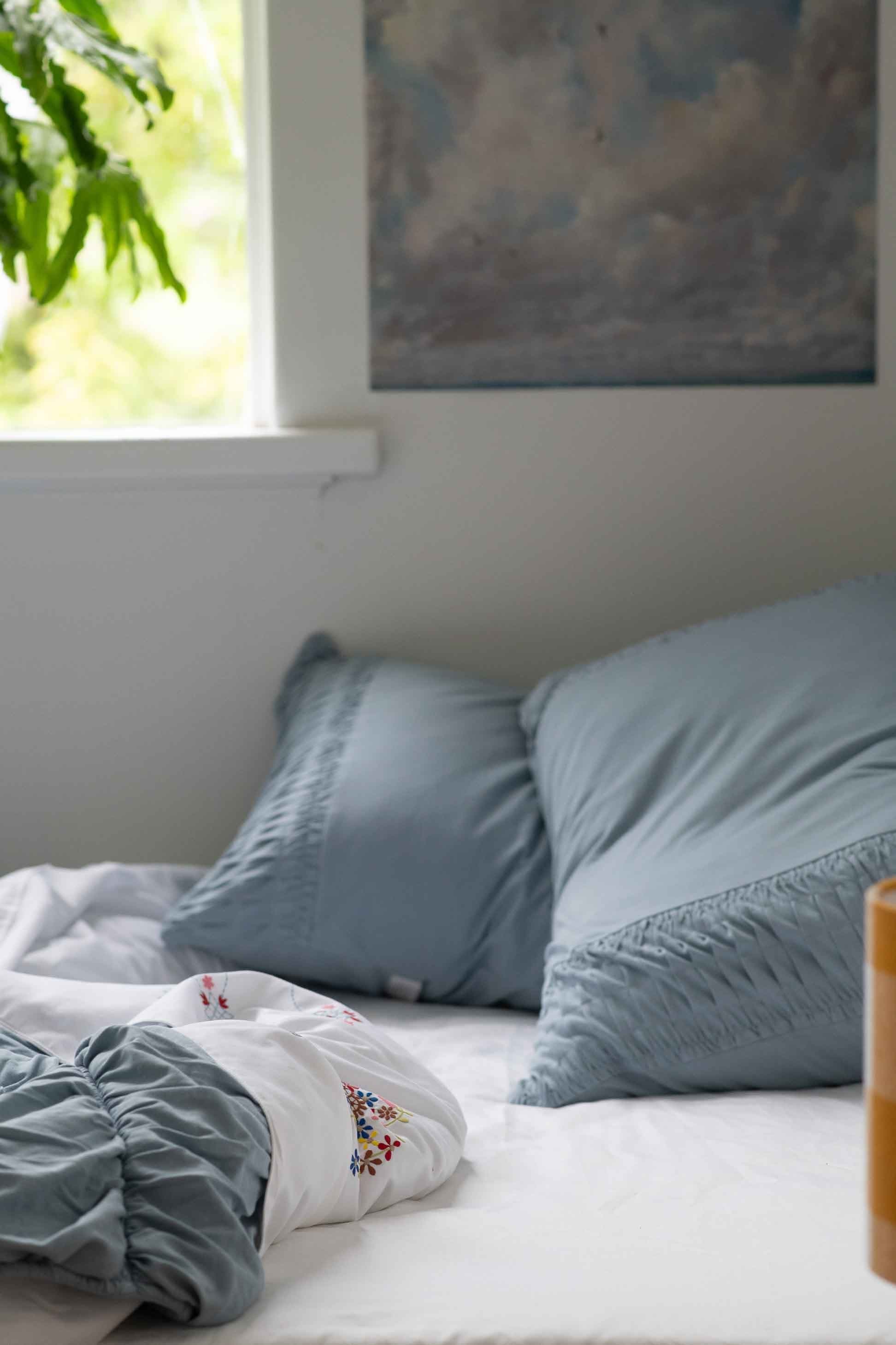 Chambray pillowcase set on bed