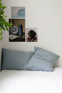 Chambray pillowcase set on bed, styled with artwork.