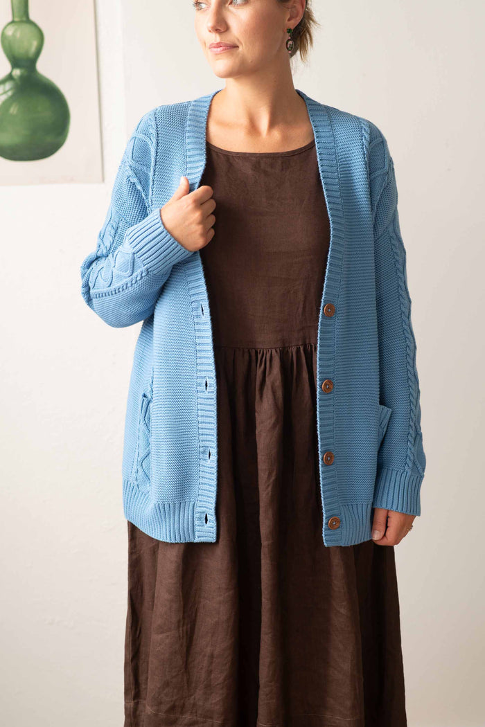 CharliLichenElizaChicory blue cardigan and brown dress