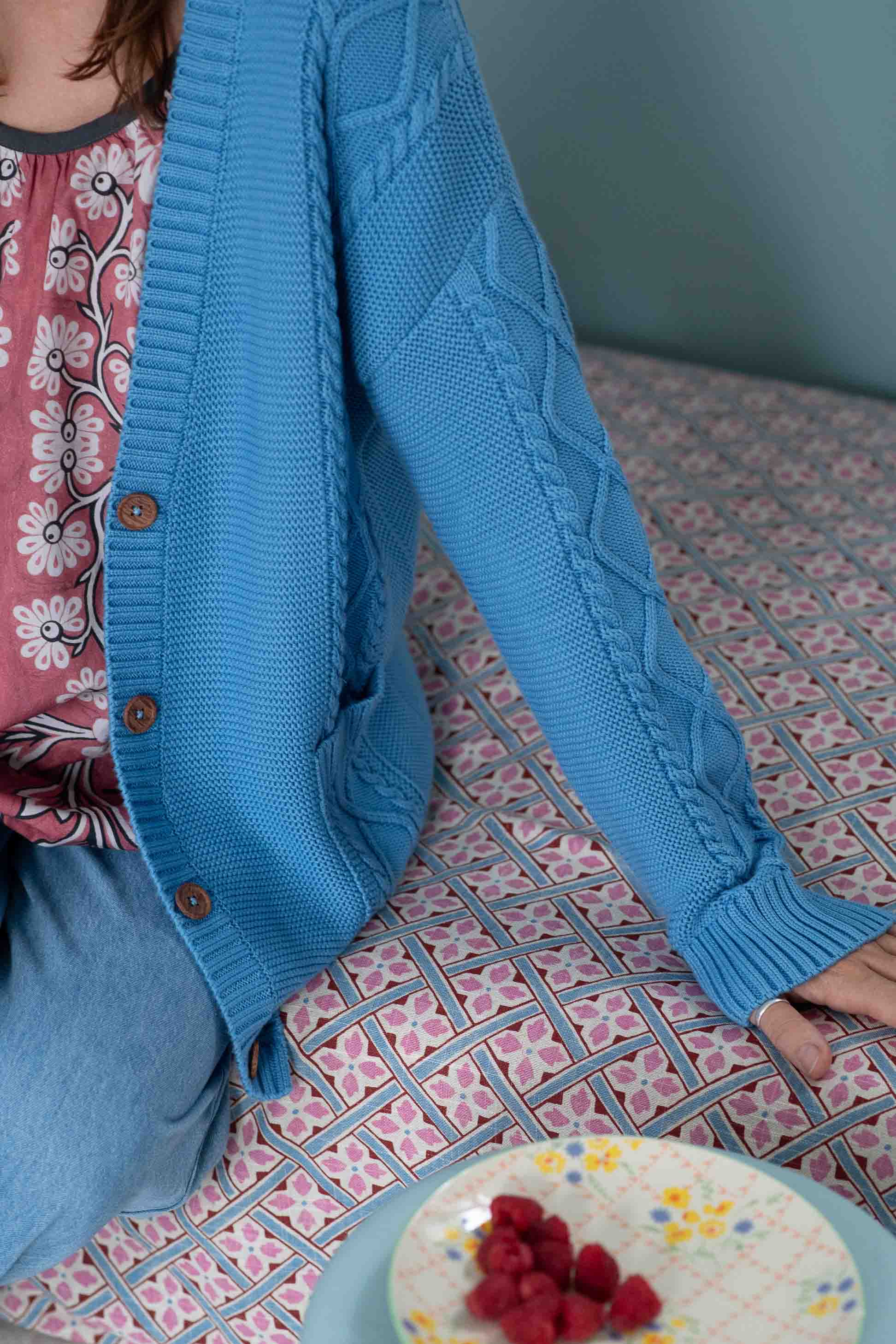 CharliLichen in blue cable-knit cardigan