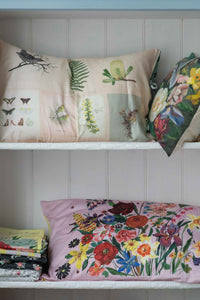 Floral and botanical print pillows on shelf - DSC4823-2