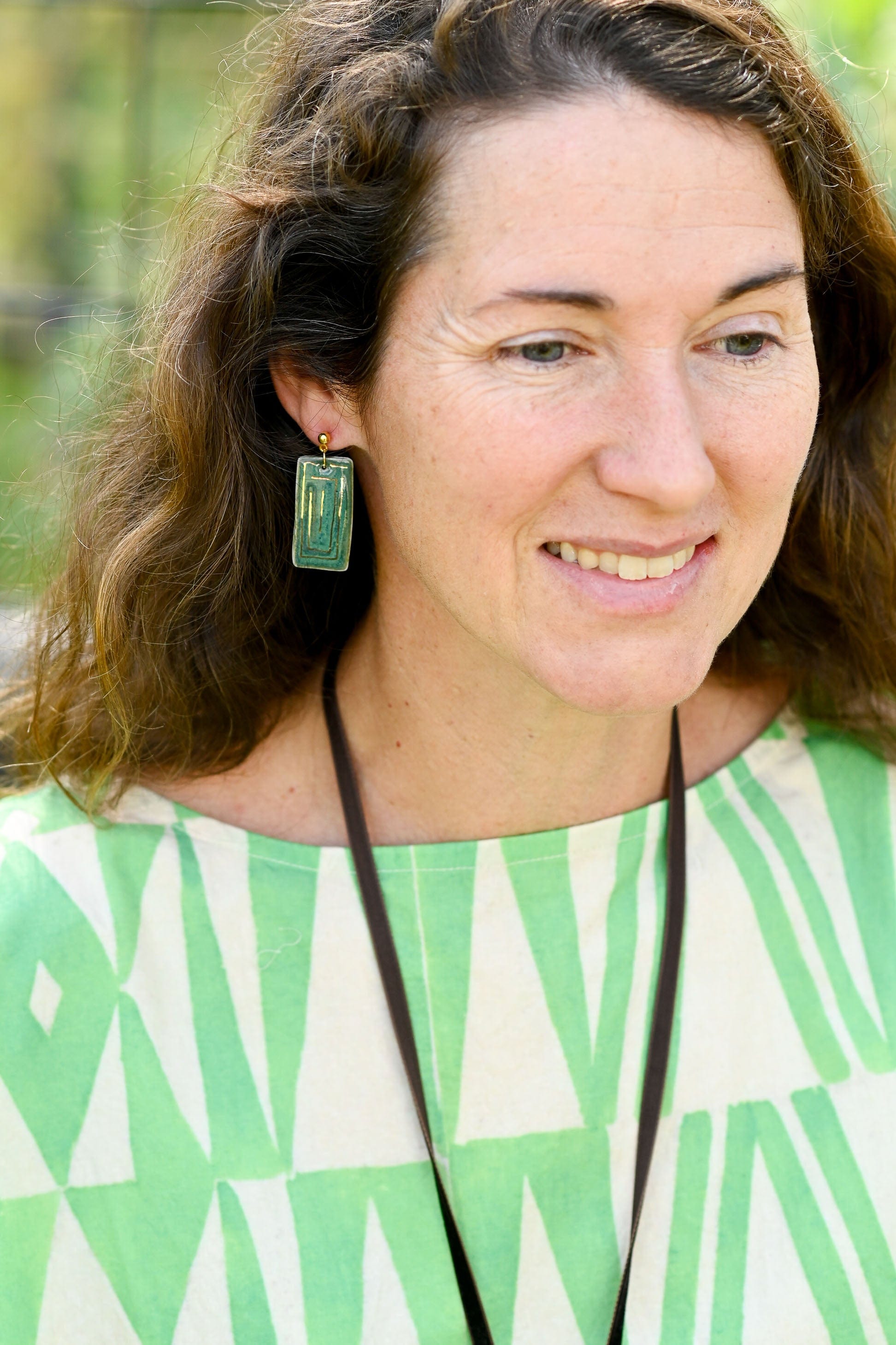 Ceramic Rectangle Earrings Gold Blue Green