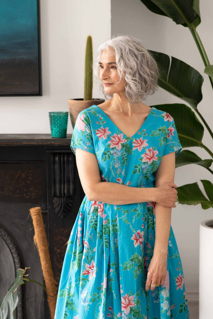 Ella Bluesette in blue floral dress