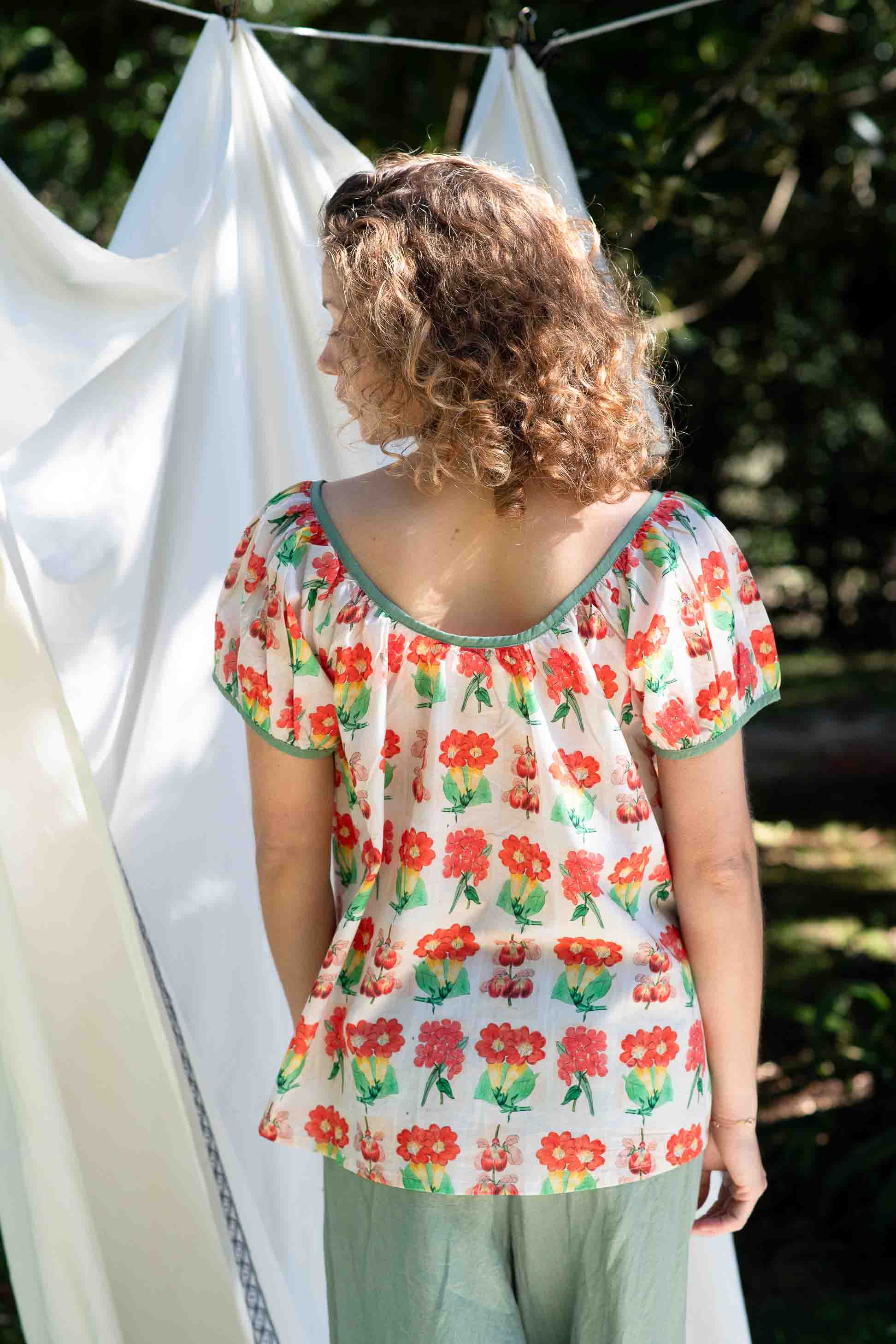 Etta Florabelle Ollie top in Mineral Green with floral print