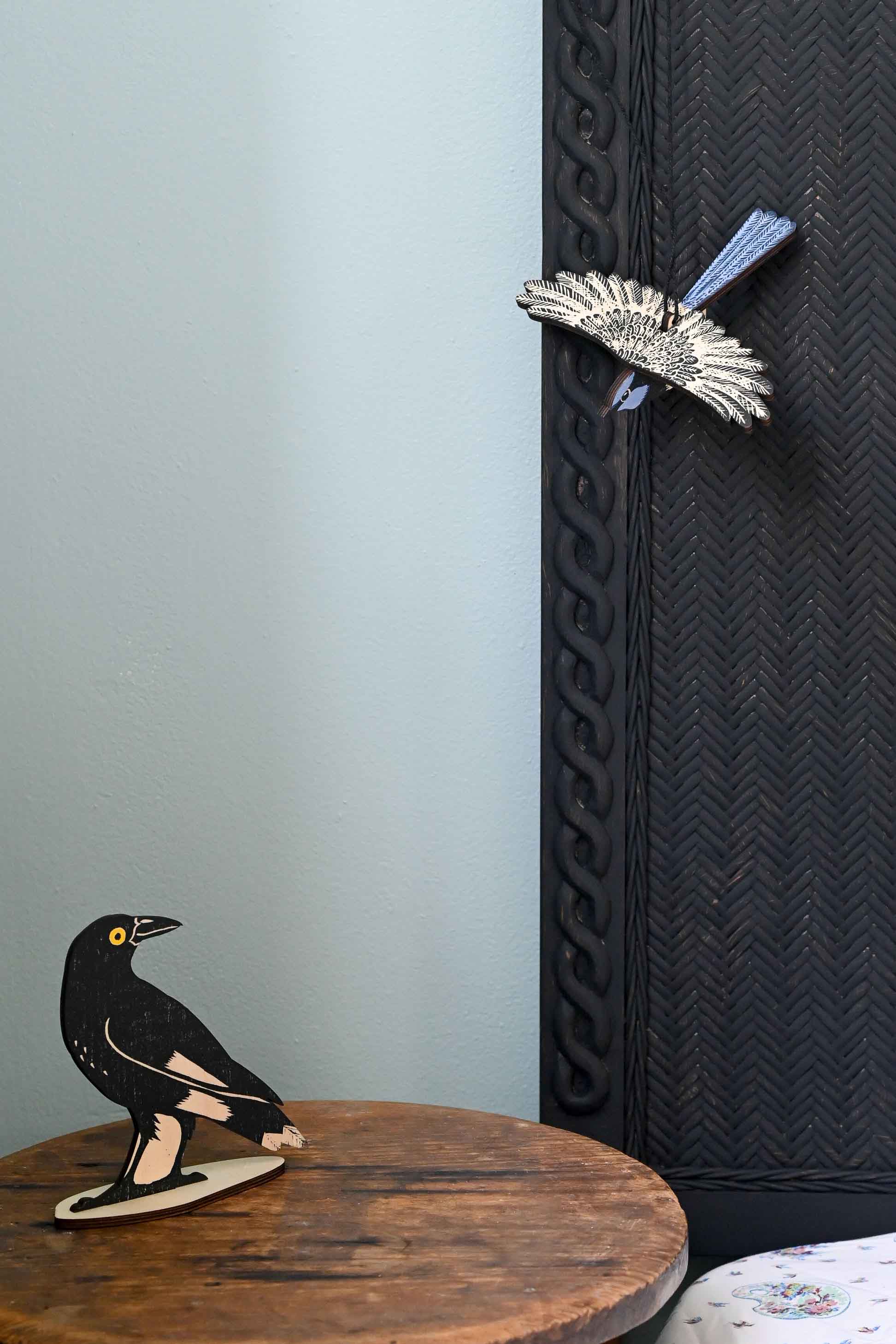 Fairy Wren & Currawong bird decor on table