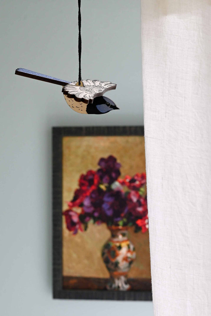 Fairy Wren ornament with painting of flowers